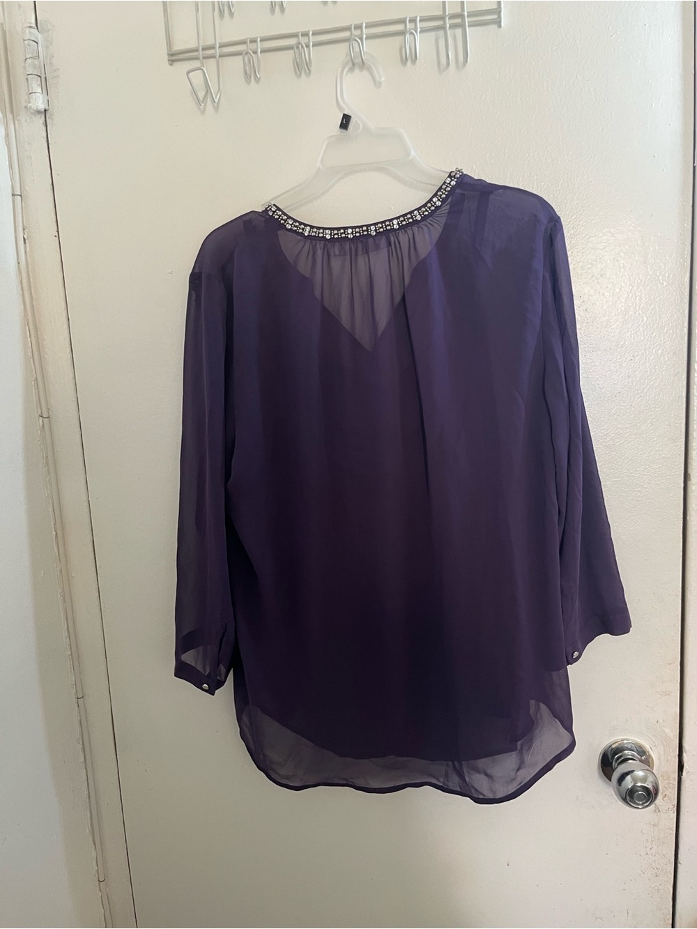 Liz Claiborne Jewel-Embellished Deep Purple Chiffon Blouse - Picture 2 of 6
